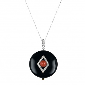 White Gold Onyx, Coral & Diamond Pendant c.1920.